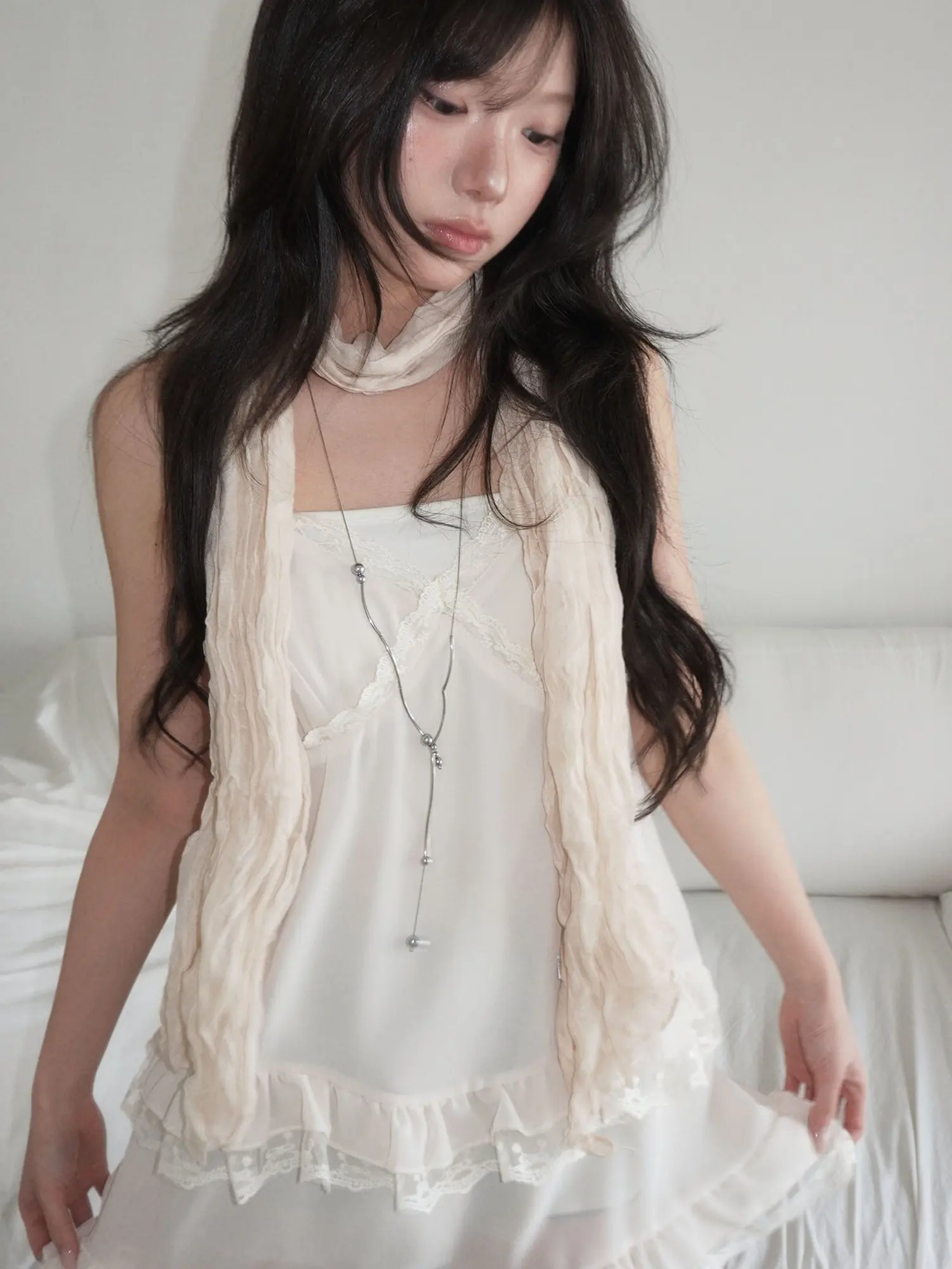 51STUDIO Gentle Girl's Dream Double Layer Lace Hem Blouse Style Women's Dress Sweet Style A-Line Skirt Korean Summer Casual