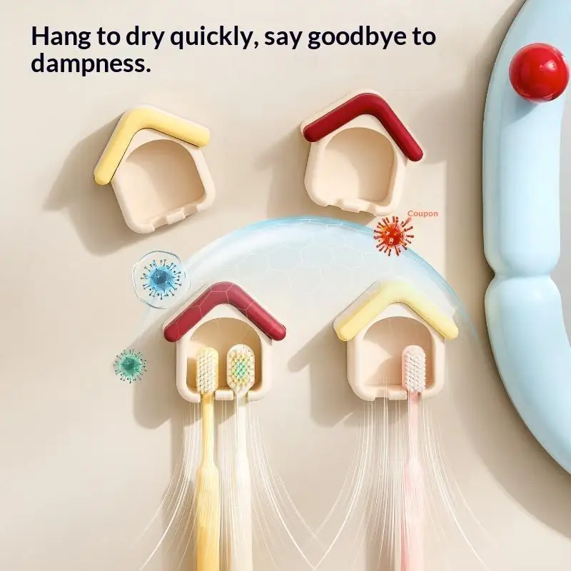 【HG】House Shape Toothbrush Holder Punch Free Wall Mounted Toothbrush Storage Rack Draining Bathroom Organizer For Bathroom Decor