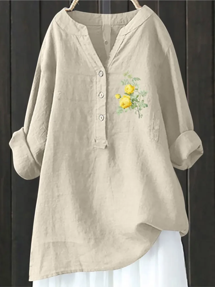 

Fashion Buttons Long Sleeve Linen Tops And Blouses 2024 Autumn Loose Casual Yellow Rose Print Shirts Women's Top Femme Blouse