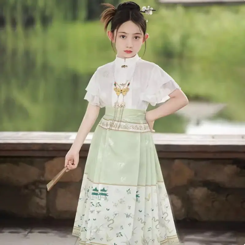 2 Pieces/set Chinese Costume Tang Suit Top Skirt Girls Hanfu Daily Wear