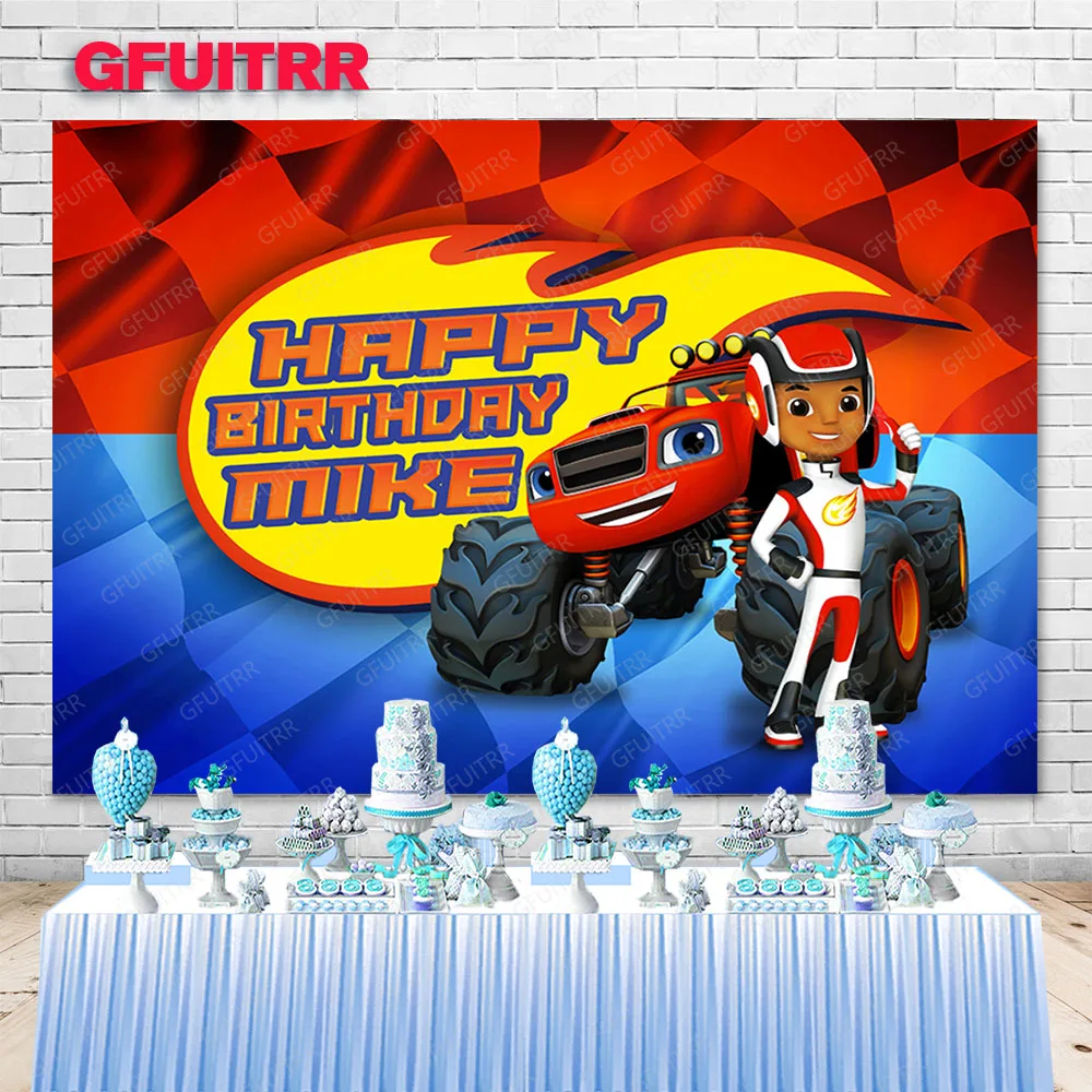 GFUITRR Blaze and the Monster Machine Photography Backdrop Boys Birthday Photo Background Red Truck Cars Photo Booth Props