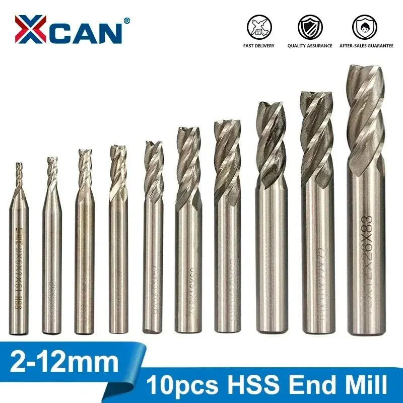 XCAN HSS Milling Cutter 4 Flute End Mill 10pcs 2-12mm Carbide Router Bit Metal Cutter for CNC Machine Milling Tools