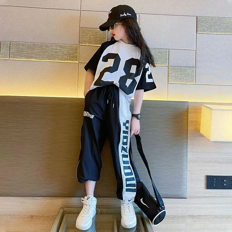 Girls Summer New Fashion Sports Cotton T-shirts+Pants Suits 5-14 Years Girls Hiphop Oufits Tops Sets Kids Clothing