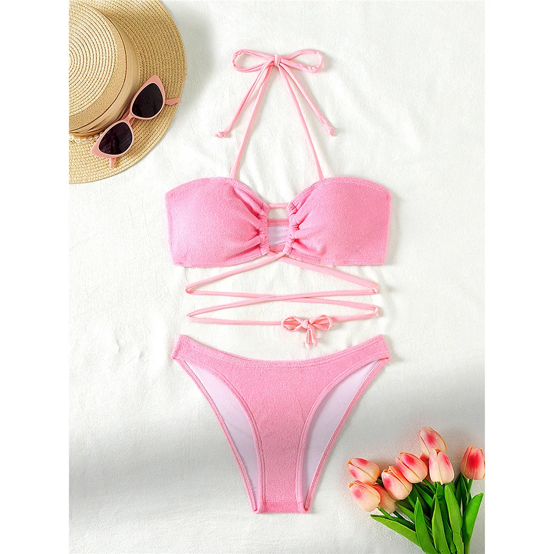 Umwickelbarer Neckholder-Bikini im brasilianischen High-Cut-Stil, Damen-Badebekleidung, zweiteiliger Bikini-Set, Badeanzug, Badebekleidung, Schwimmbekleidung V5341 – Detail 8