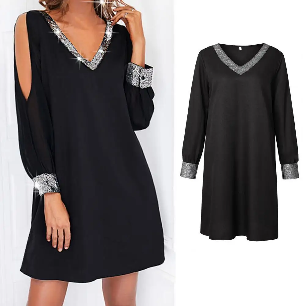 

2022 Women Sexy Cold Shoulder Club Dress V-Neck Long Sleeve Mini Dress Flowy Hem Shiny Stitching Women Dress robe femme vestidos