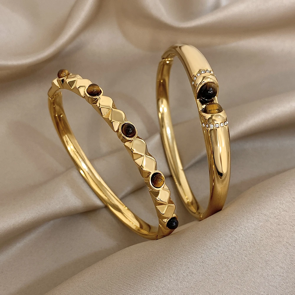 

Vintage Brown Stone Stainless Steel Golden Bangle Bracelet Women Luxury Irregular Geometric Stackable Cuff Spring Bangle Jewelry