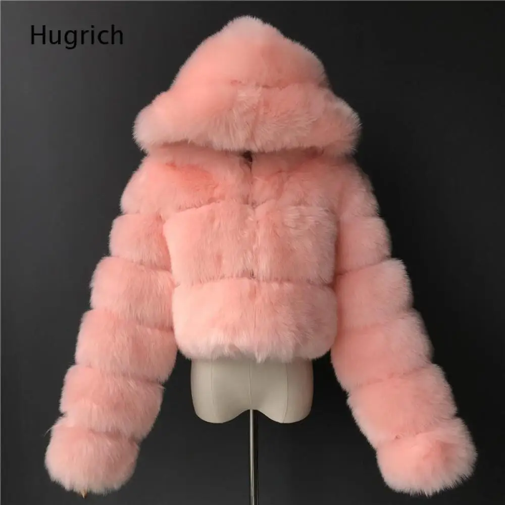 Light Pink Women Hooded Segmented Faux Fur Cropped Jacket Long Sleeve Zip Up Plush Furry Short Warm Winter Party Outer Coat