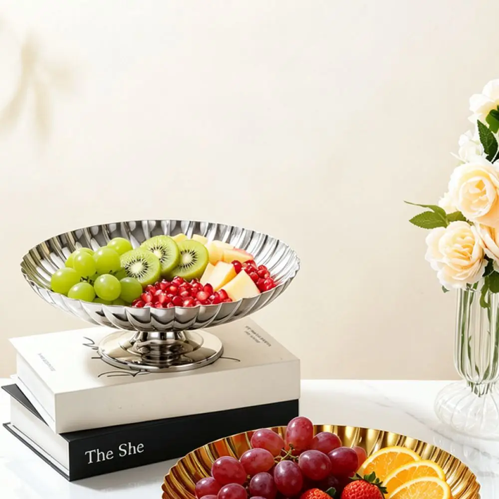 Large Serving Tray 304 Stainless Steel Fruit Bowl Nordic Style Striped Design Stable Base Decorative Dish For Kitchen