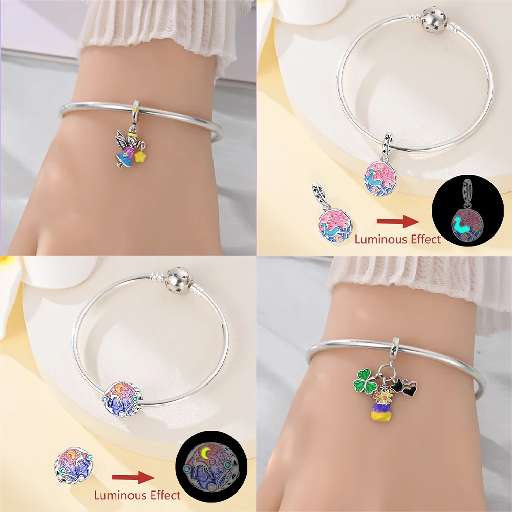 Romantic Pink Cat Oil Painting Star Moon Angel Pendant Lucky Symbol Bead Fit Bracelet Original 925 Silver Women Jewelry Diy Gift