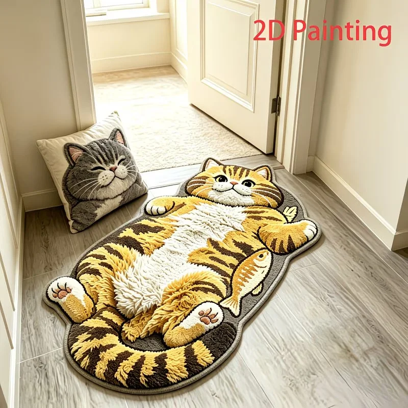 VIKAMA Irregular Cute Cat Fish Print Rug Soft Non‑Slip Floor Mat For Bedroom Dorm Entryway Household Home Decoration