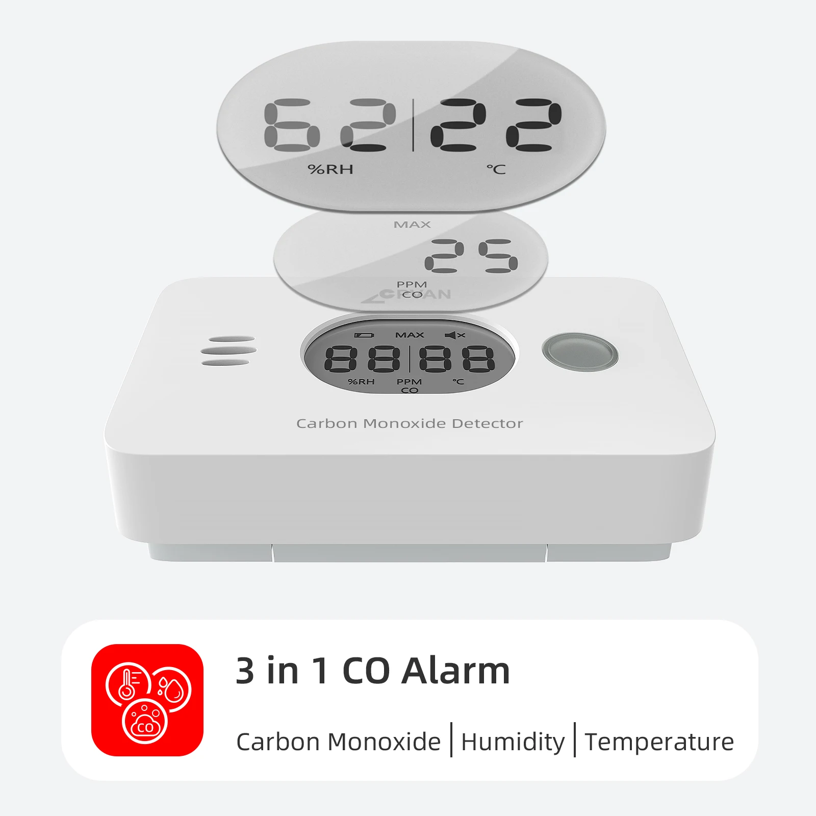 CPVAN Wireless 3-in-1 Digital screen Carbon Monoxide Detector with Temperature & Humidity for Home Security Protection CO Alarm