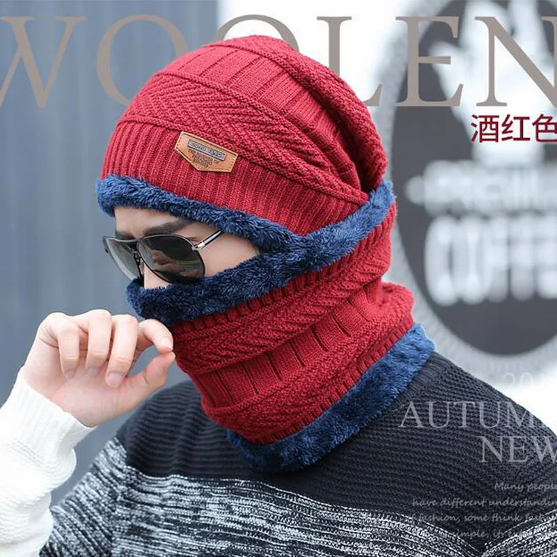 2023 Winter Men Women Thick Beanie Hat Set Knitted Hat Winter Cap Beanie Female Wool Neck Scarf Cap Balaclava Mask Bonnet Hats