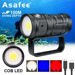 Asafee-Lumière de plongée sous-marine D10, 100m, 18000LM COB LED, étanche, remplissage de photographie, charge de type C, lumière vidéo sous-marine