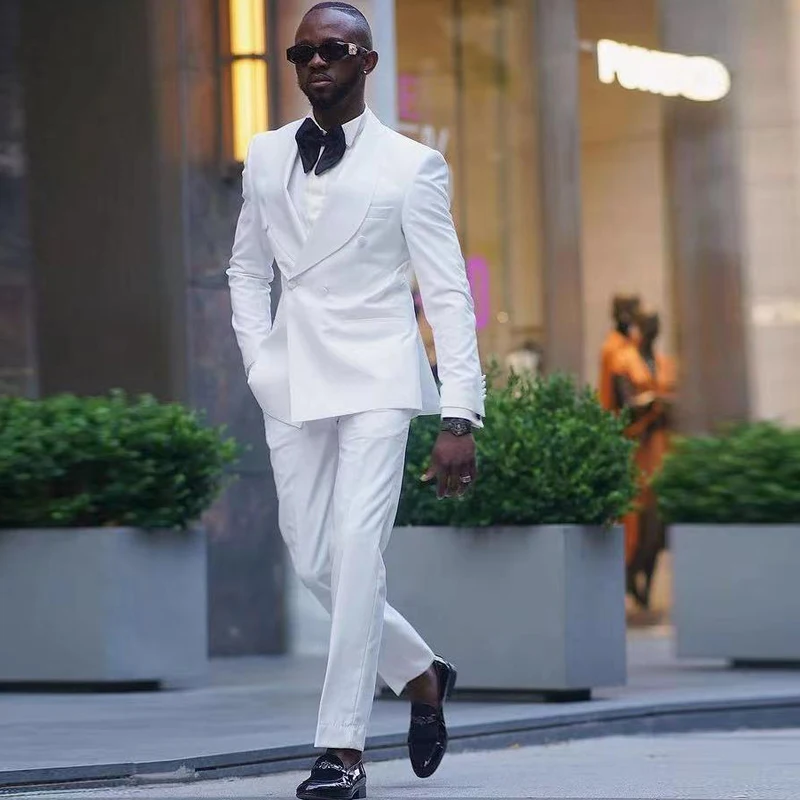 

Pure White Double Breast Wedding Suit Slim Fit Shawl Lapel Two Pieces Mens Blazer Custom Made Prom Jacket Pants