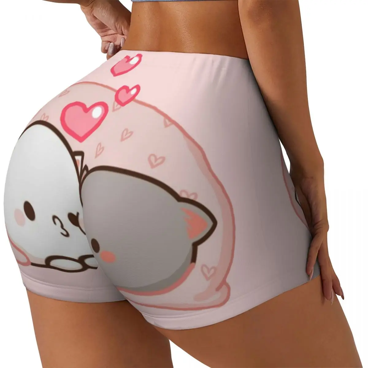 Custom Women's Cute Mochi Cat Peach And Goma Love Kiss Workout Yoga Shorts Athletic Gym Volleyball Biker Shorts