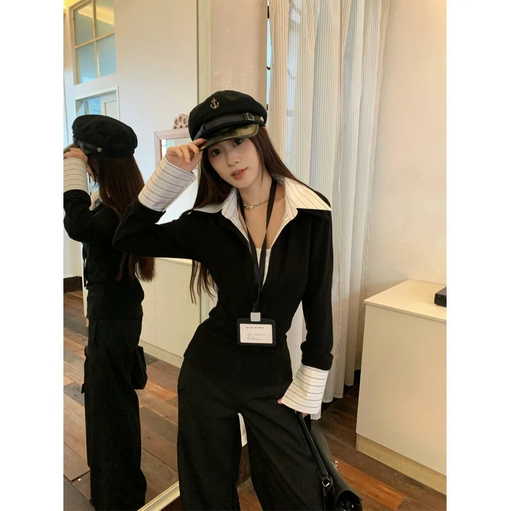 2026 New Women Fake Two Piece Patchwork Lapel Knit Sweater Designer Waist Tight Slim Fit Elegant Winter Long Sleeve Knitted