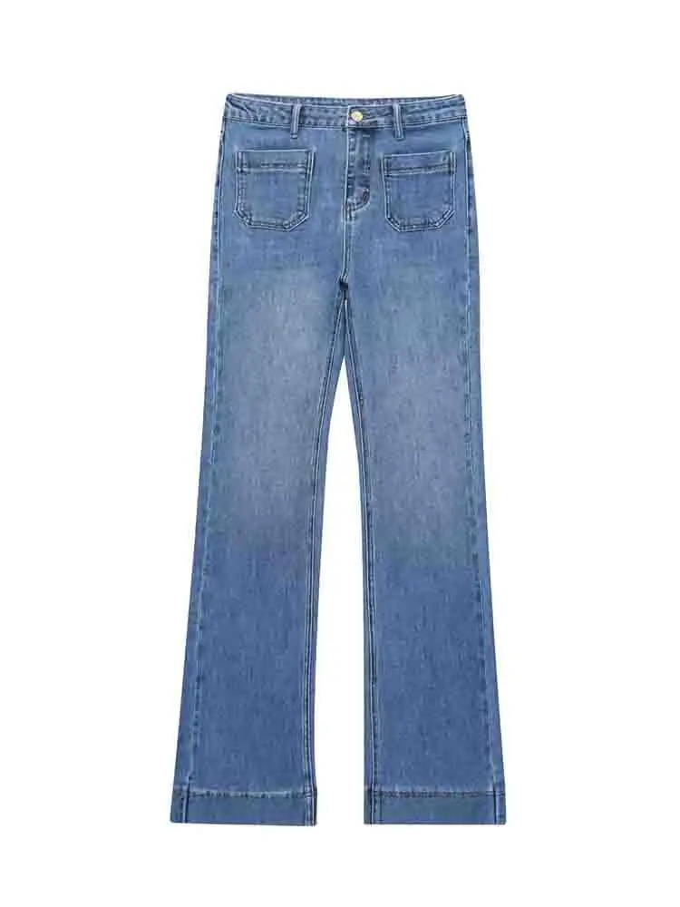 

European style new women's fashion versatile temperament solid color patch pocket decoration high waist jeans