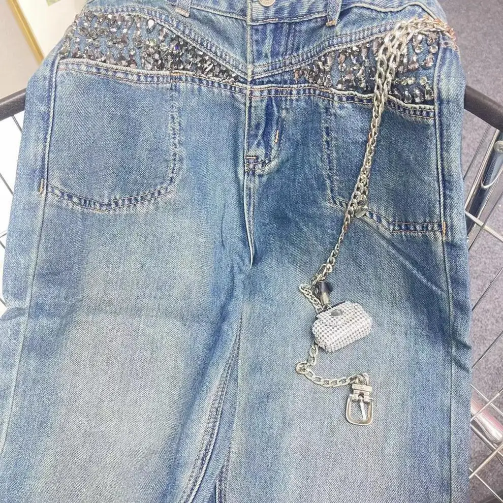 Street Exquisite Rhinestone High Waist Jeans Women Spring Summer Loose Slimming High Quality Loose Straight Pant Mop Trousers