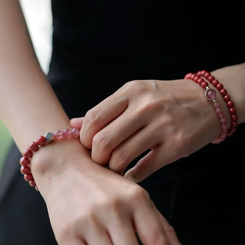 

Cinnabar Red Stone Double Ring Bracelet Natural Strawberry Crystal Stone Buddha Beads Bless Attract Wealth Get Rich HandString