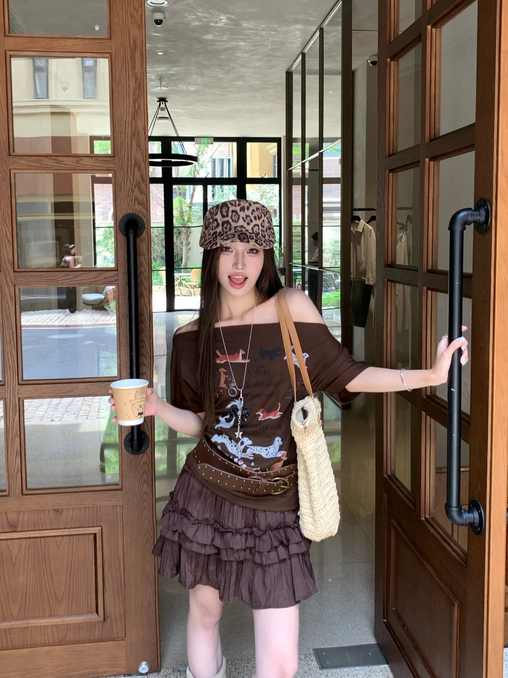 Women Brown Short Skirt Set Sexy Off-shoulder T-shirt Puppy Prints Paired Hotsweet Ruffled Layered Mini Cake Skirt Two-piece Set