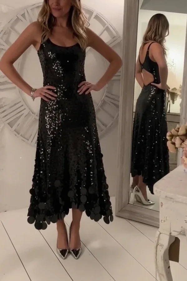 Dames pailletten feestjurken mode effen kleur grote glitter kwastje slanke mouwloze lange jurk trendy streetwear club vestidos