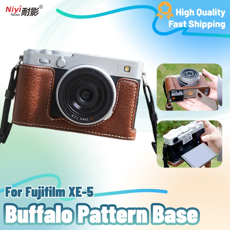 capa-de-camera-em-couro-pu-com-padrao-de-bufalo-para-fuji-fujifilm-x-e5-xe5-com-abertura-para-acesso-a-bateria-alca-de-ombro-e-pelicula-de-vidro