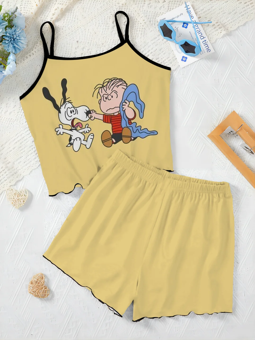 Kurze Sets für Frauen 2 Stück Damen anzug Pyjama Rock Salat besatz Snoopy Top T-Shirt Slip Kleid elegante Hose Set Frau Chic