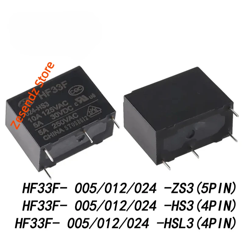 10Pcs/lot New HF33F - 005 012 024 - HS3 - HSL3 4Pin -ZS3 5Pin 5A 250VAC JZC-33F HF33F-012-HS3 HF33F-024-ZS3 DC 5V 12V 24V Relays