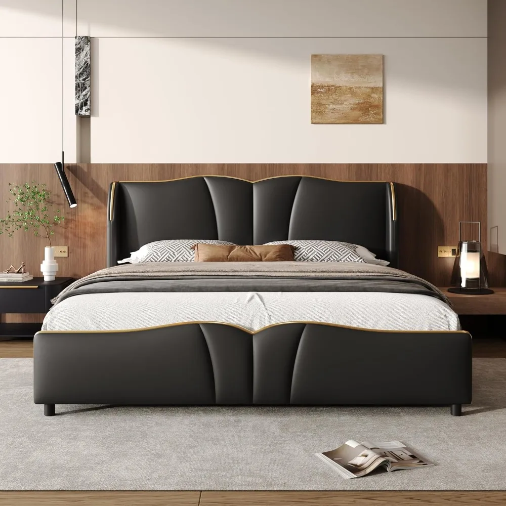 

Christopher Knight Home Svanta King Size Upholstered Bed Frame, Modern Faux Leather Bed Frame with Wingback Headboard, Upholster