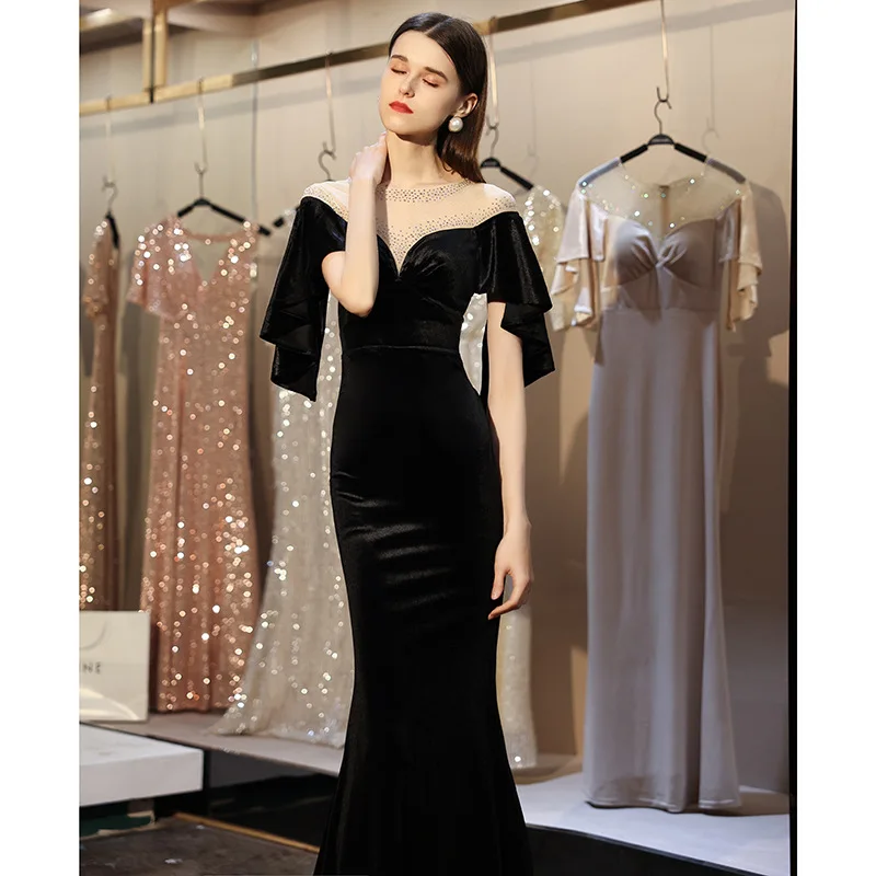 Black Velvet Mermaid Evening Dress Women's 2022 New Sexy Illusion Off The Shoulder Backless Formal  Banquet Dresses