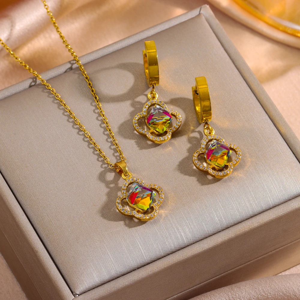 Süße, sexy, farbenfrohe Kristallblumen-Halskette und Ohrringe für Damen, Edelstahl-Schmuckset, Halskette mit Accessoires für Frauen
