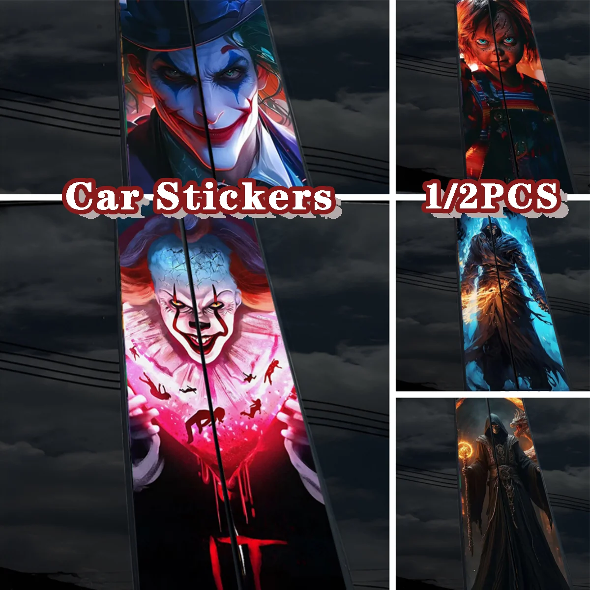 1pc/2pcs Anime Theme Halloween Horror Car Stickers B-pillar Vinyl Decals Waterproof Auto Center Pillar Sticker