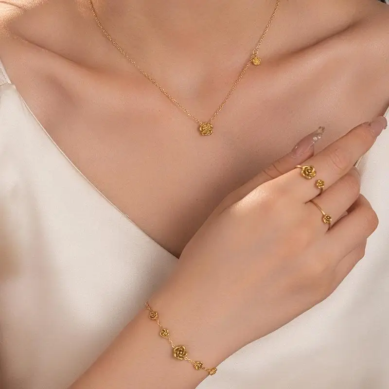 1Pcs Women Charm Chain Choker Versatile And Simple Necklaces Bracelets Titanium Steel Fashion Jewelry Gold Rose Flower Ring