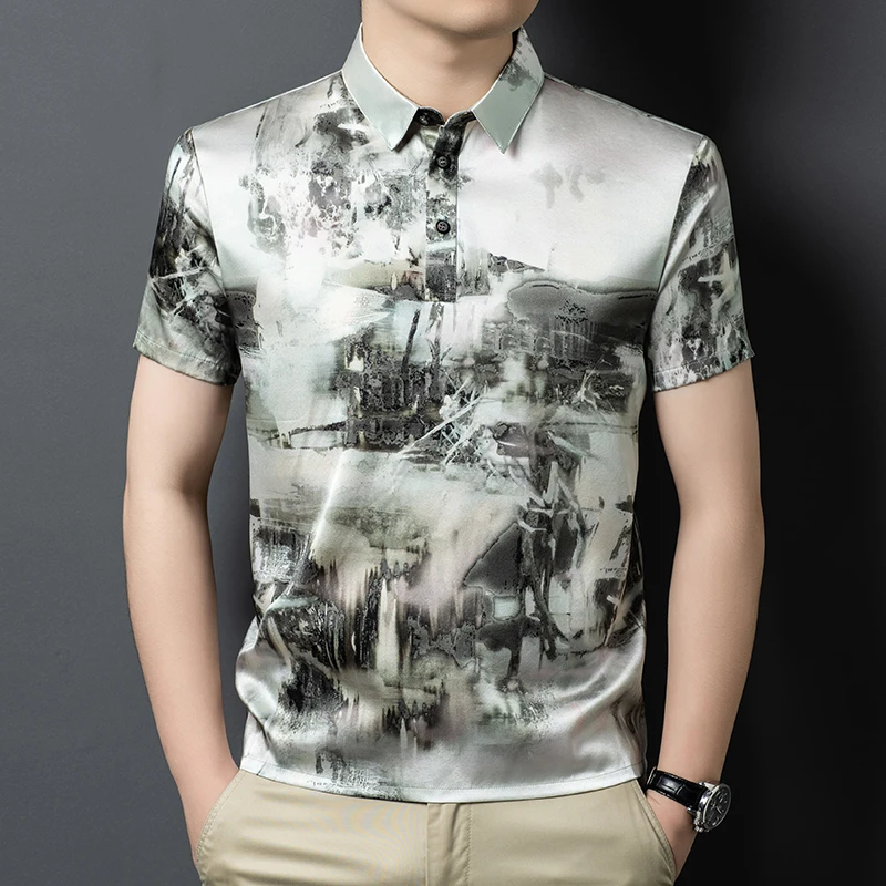 Cool Feeling Smooth Polo Shirts For Men Short Sleeve Print Satin Summer Quality Natural Real Silk Casual Premium Polos De Hombre