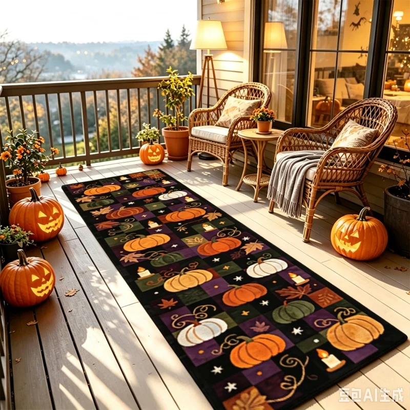 Halloween Pumpkin Vine Maple Leaf Glowing Light Print Runner Rug Non‑Slip Long Carpet Hallway Corridor Home Holiday Floor Decor