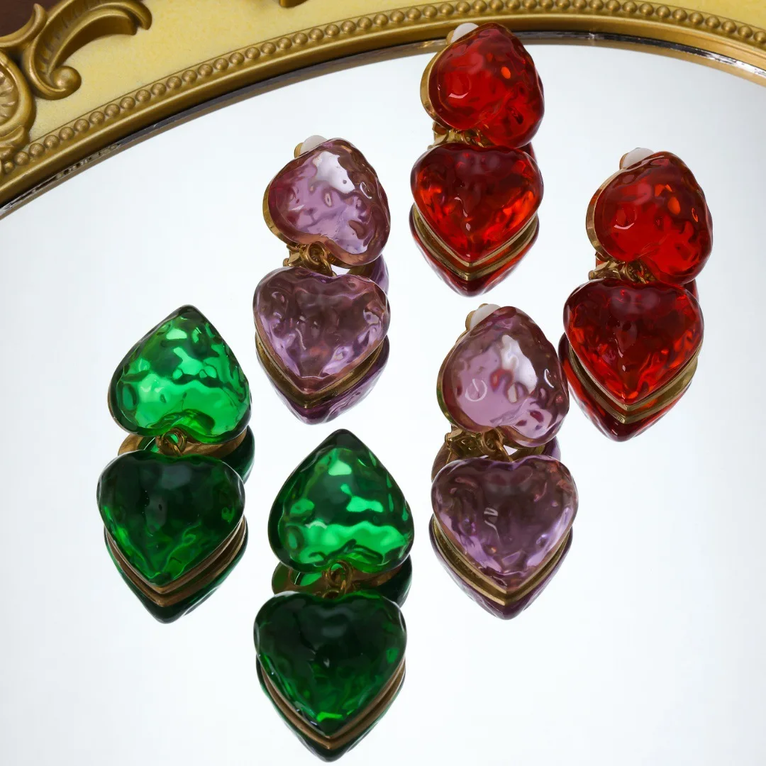 Pendientes con colgante de corazón chapado en oro retro vintage con efecto lava de gelatina y tachuelas de aguja de plata