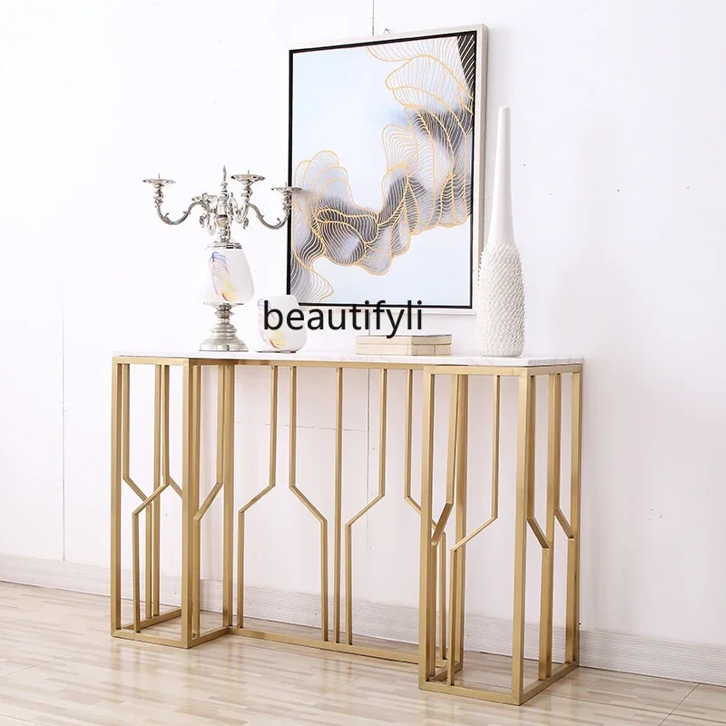 

Cy56 Light luxury modern stainless steel marble entrance table Hotel end view table against the wall entrance cabinet