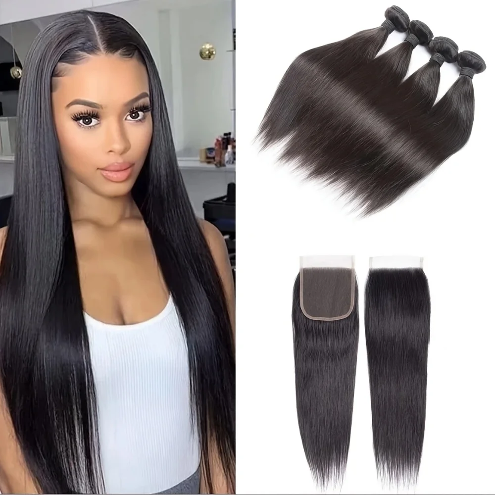 

Прямые пучки человеческих волос с застежкой 22 24, 26 и 18 дюймов, 10 А, пучки человеческих волос с наращиванием 4 × 4, натуральный цвет