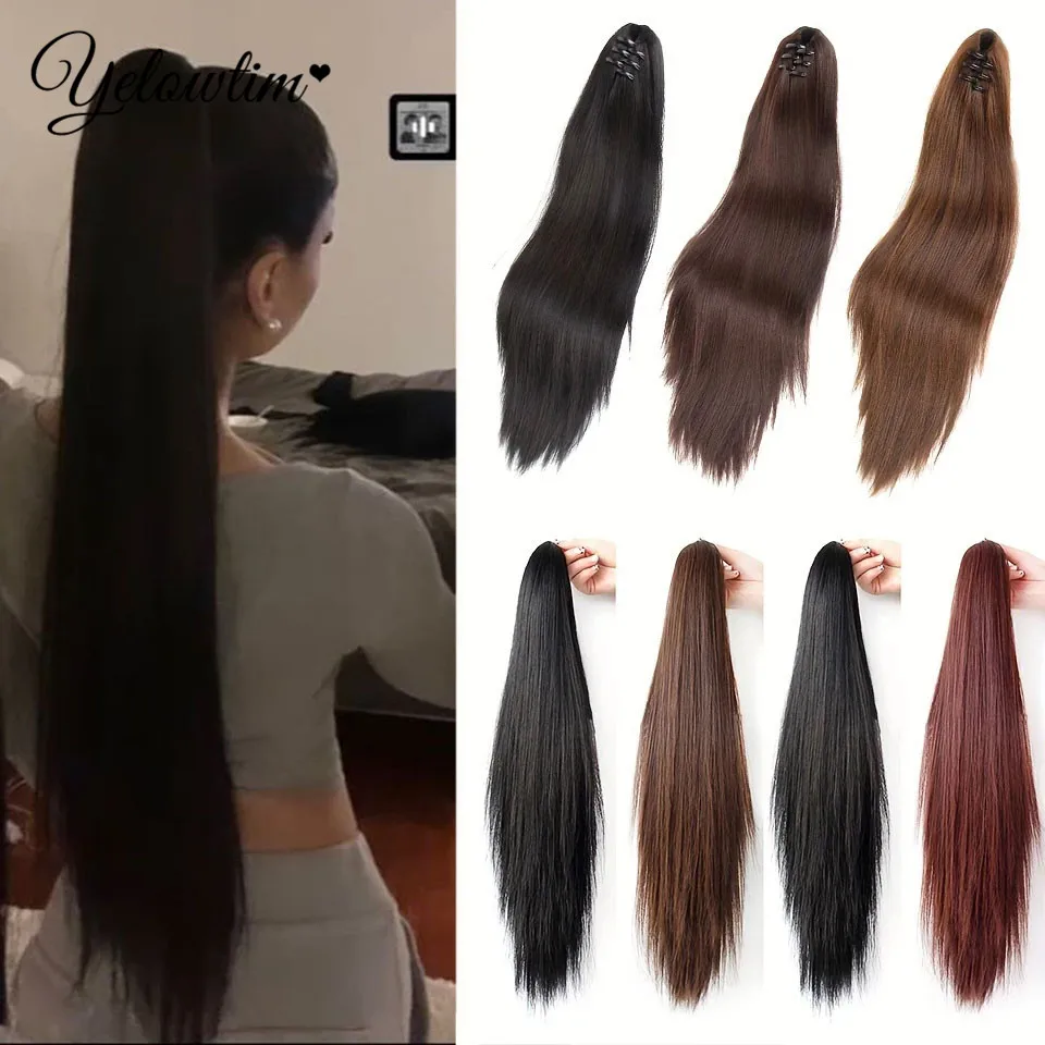 

YELOW 24 Inch Long Straight Ponytail Hair Clip In Synthetic Extensions Heat Resistant Hair Wrap Around Pony Hair Piece For Women