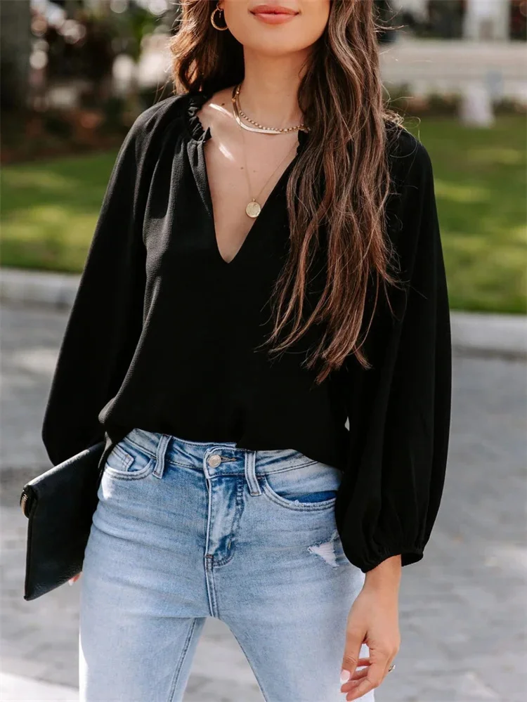 Women Spring Summer Style Blouses Shirts Lady Casual Long Lantern Sleeve V-Neck Solid Color Blouse Tops