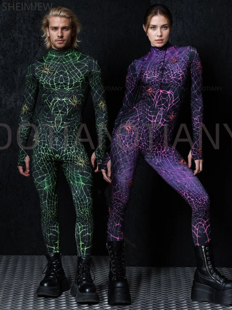 

Spider Web Print Stretch Tights Anime Halloween Party Role Play Couple Horror Spider Bodysuit Stage Carnival Performance Costume
