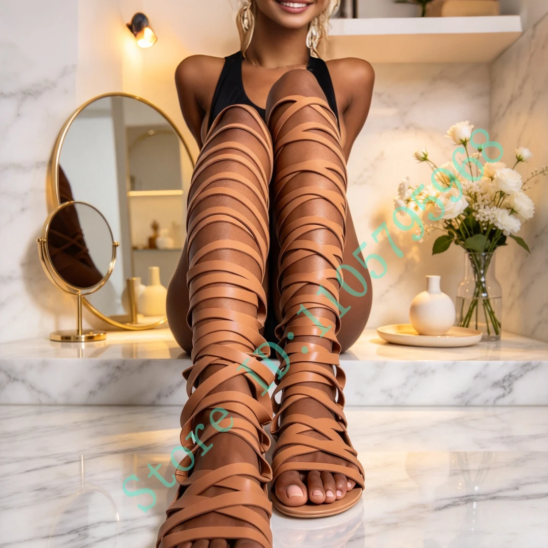 Women's Knee High Gladiator Sandals Strappy Open Toe Flat Sandals for Summer Beach Party