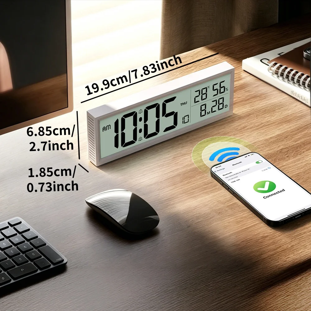 Bluetooth Time Sync Digital Wall Clock with TEMP Humidity Date Week 12/24H Battery Operated Snooze Desk Clock for Living Room