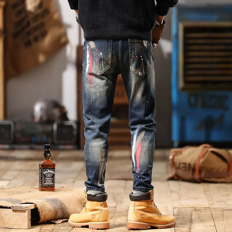 2024 New Motorcycle Men's Jeans Splash Paint Printing Design Street Style Slim Fit Patchwork Skinny Trousers