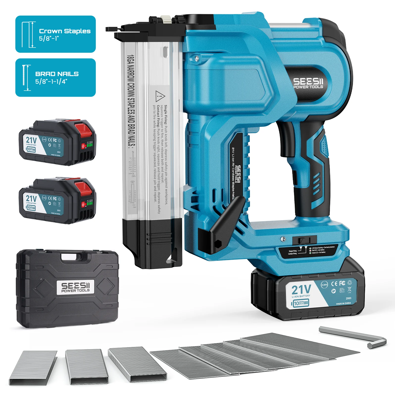 SEESII Electric Impact Nail Gun 2 in 1 Stapler Gun Electric Nail Gun Depth Adjustment Nailer Stapler DIY Tools 4.0Ah Battery1000pcs Nails/Staples Woodworking For DIY Repairing