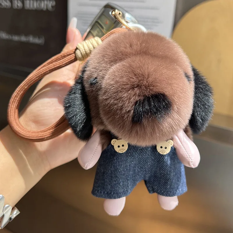 Lindo lontra conejo piel perro coche llavero colgante juguete de peluche muñeca mochila decoración
