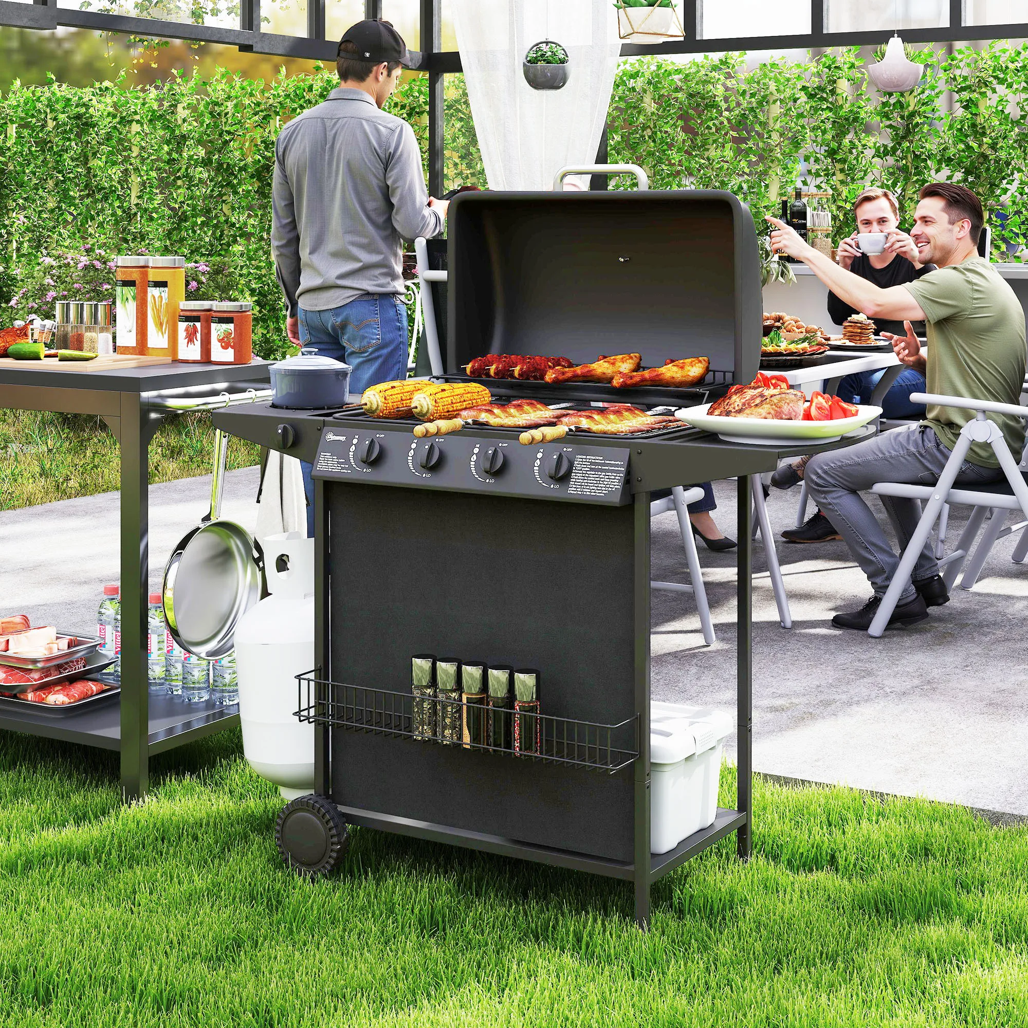 Outsunny-Parrilla de barbacoa de Gas portátil con termómetro incorporado, 4 + 1 quemador, tapa, mesa lateral, estante, estante de especias