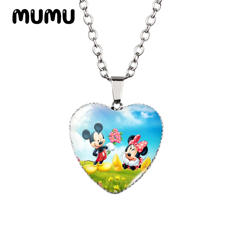 Collar de corazón de Mickey y Minnie Mouse para niños, colgante con foto impresa de cristal, joyería hecha a mano, regalos, novedad de 2024