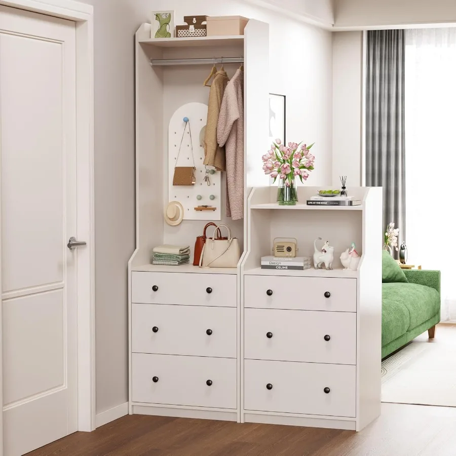 Durable Wooden Wardrobe Expandable Storage System with 3Tier Drawers Whites Armoire with Black Metal Handles Easy Assembly Safe