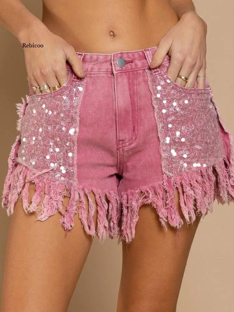 New Summer Fashion Casual Street Commuter High Waist Sequined Tassel Shorts Hot Pants Solid Multicolor Jeans Pants for Women